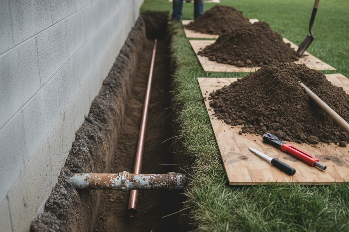 Excavated water line trench during Sewer Line Repair in Rainier